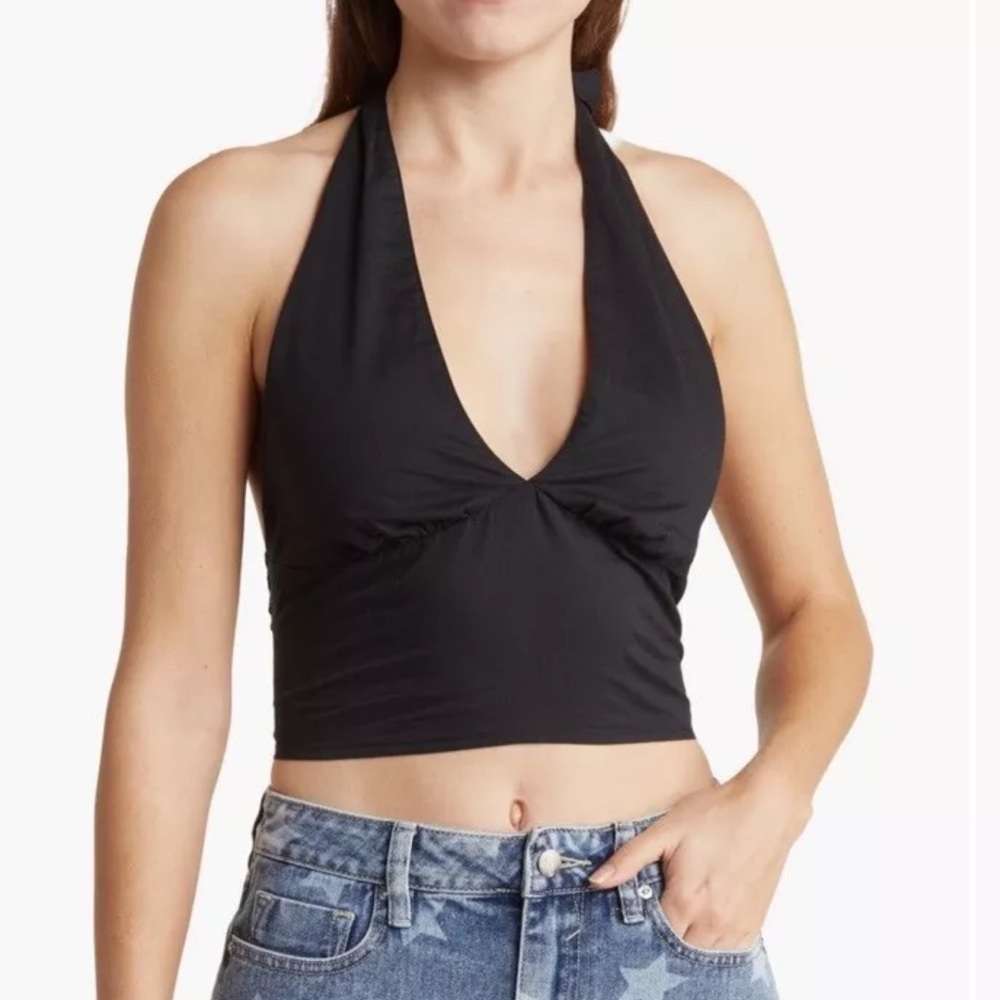ABOUND Halter Cropped Tank Top‎ Black Smocked Back Tie Neck